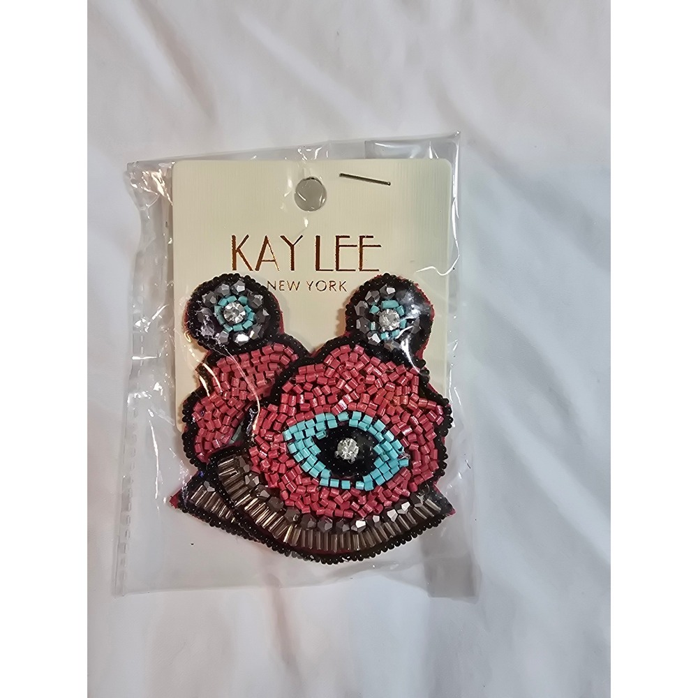 Kay Lee New York Pink Beaded Evil Eye Statement Earrings Post Back Whimsical New